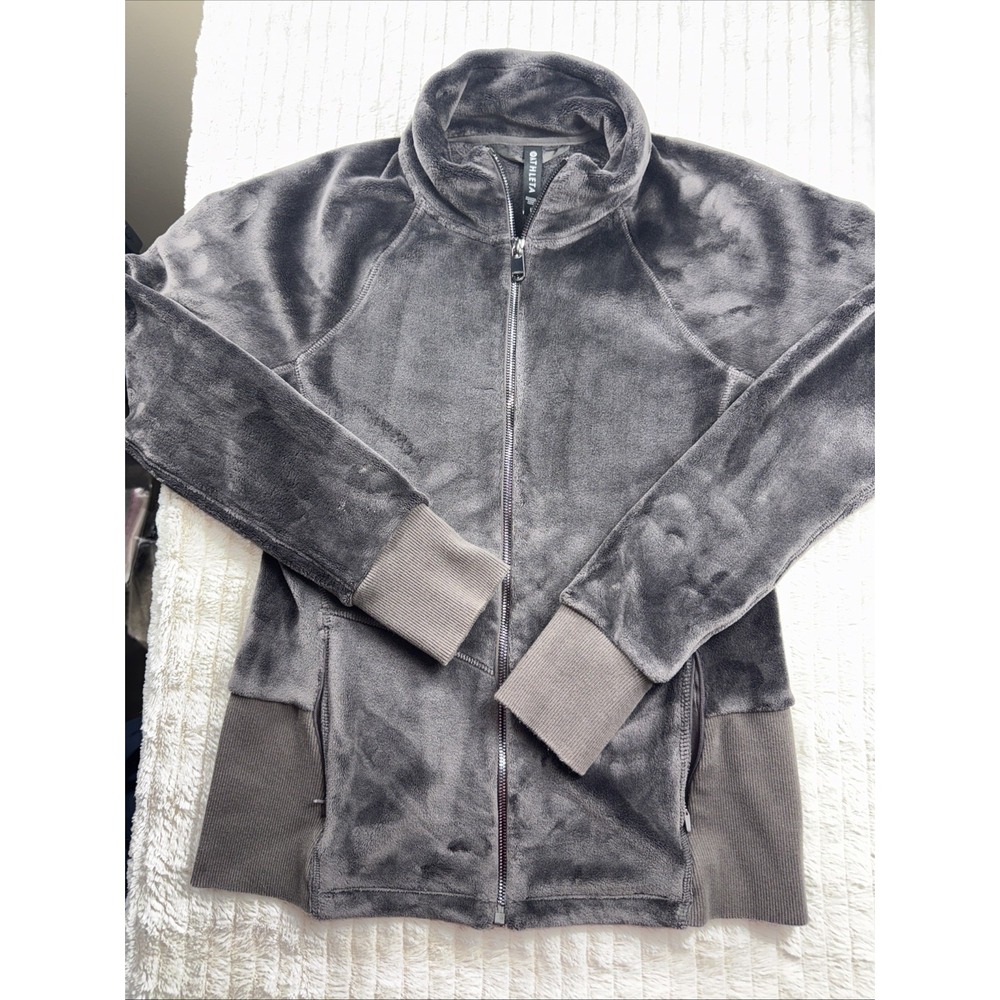 Athleta Women Medium Brown Double Cozy Karma Fleece Full Zip Jacket Pockets NICE
